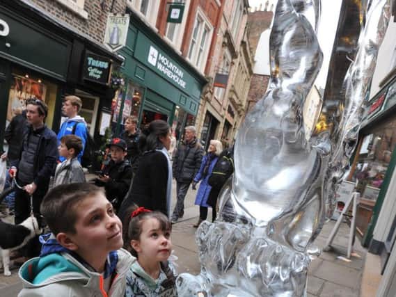 Kian and Kharis Fairest looking at the Phoenix at Durham's Fire and Ice Festival.