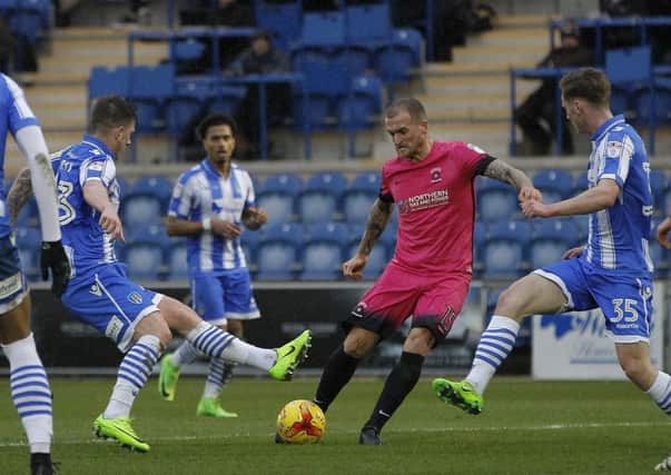 Pools' Lewis Alessandra sees a second half effort blocked at Colchester. Picture by Lawrence Smith/AHPIX.com.