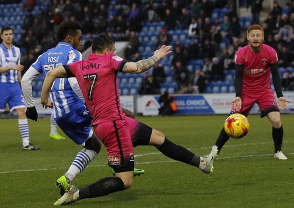 Nathan Thomas pushes for a late Pools equaliser at Colchester on Saturday. Picture by Lawrence Smith/AHPIX.com.