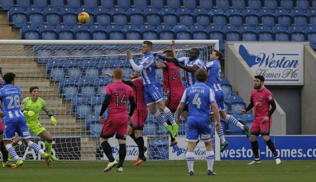 Hartlepool's defence stands firm despite some early pressure at Colchester. Picture by Lawrence Smith/AHPIX.com.
