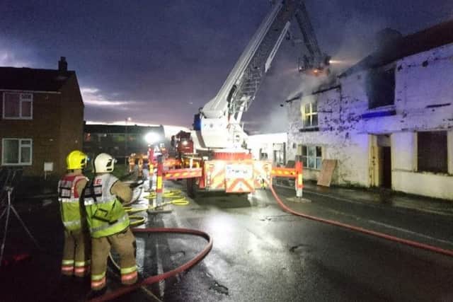 The aerial ladder platform was used to bring the fire under control at the former Goldmine pub in Shotton Colliery.