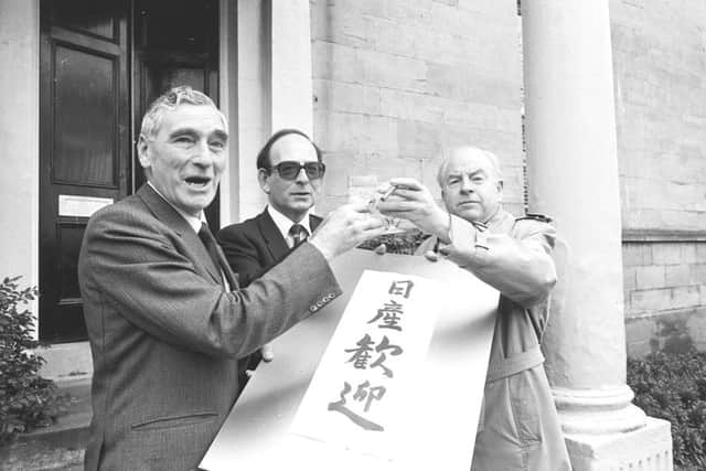 Fuller Osborn, deputy chairman of Washington Development Corporation with Councillor Charles Slater, leader of Sunderland Borough Council and Councillor Michael Campbell, leader of Tyne and Wear Council after the announcement Nissan was coming to Sunderland 1984.