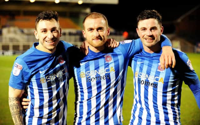 Pools' three goalscorers last night (from left): Nathan Thomas, Lewis Alessandra and Padraig Amond. Picture by Frank Reid