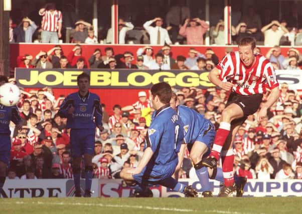 John Mullin slams home Sunderland's crucial second goal in the 1997 victory over Manchester United at Roker Park