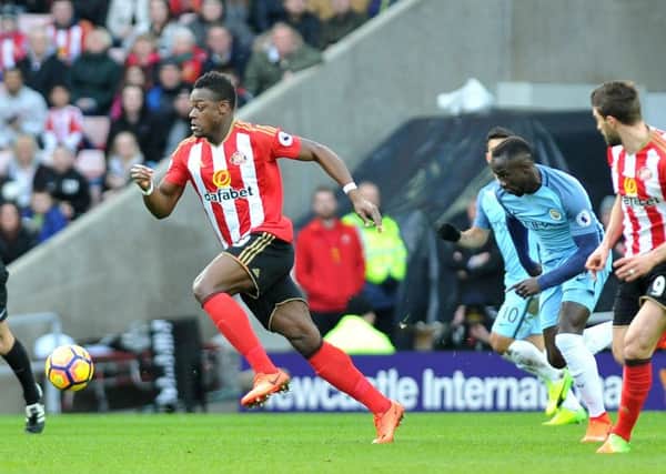 Lamine Kone surges forward for Sunderland against Manchester City. Picture by Frank Reid