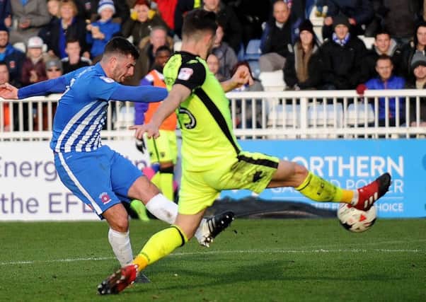 Padraig Amond hits home his goal for Pools in Saturday's win over Exeter. Picture by Frank Reid