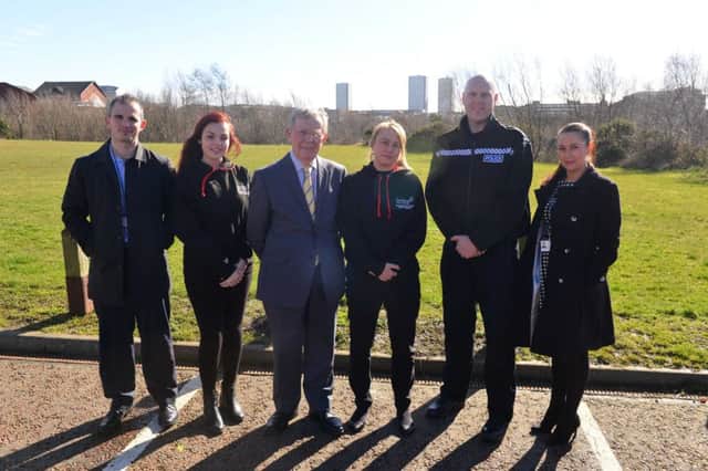 Studies in Victim Support. From left Neighbourhood co-ordinator Paul Mullholland, student Bethany Hellawell, Deputy leader of Sunderland City Council Cllr Harry Trueman, student Kayley Walker, Neighbourhood Sergeant Phil Smailes and Principal Policy Officer Michelle Coates