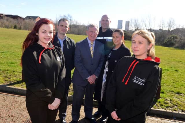 Studies in Victim Support. From left students Bethany Hellawell and Kayley Walker.  Back from left Neighbourhood co-ordinator Paul Mullholland,, Deputy leader of Sunderland Ciy Council Cllr Harry Trueman, Neighbourhood Sergeant Phil Smailes and Principal Policy Officer Michelle Coates