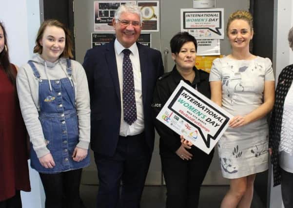 Students Abbie Harrison and Summer Jobson, Ron Hogg (Durham and Darlington Police, Crime and Victims Commissioner), Dawn Ward (Durham Police), Lindsey Wood (Chair of the East Durham Domestic Abuse Network) and Barbara Gubbins (CEO of County Durham Community Foundation).