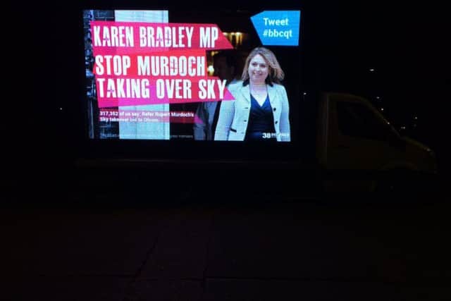 A sign on a van outside Academy 360 in Sunderland where Question Time was being hosted. Picture by Stacey Aldous.