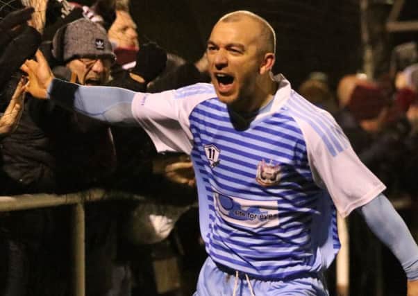 South Shields forward Gavin Cogdon celebrates his first of two goals in the 4-0 win at Morpeth Town in an earlier round. Image by Peter Talbot.