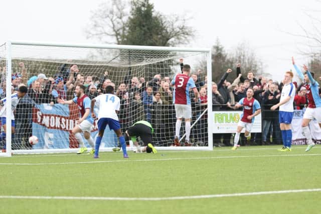 Andrew Stephenson celebrates hitting South Shields' late winner at Coleshill on Saturday. Picture by Peter Talbot