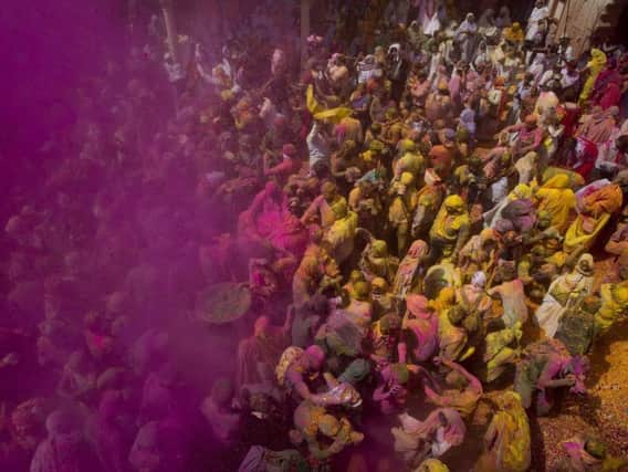 Locals including Hindu widows throw flower petals and colored powder during the religious arrival of spring festival calledHoliat the Gopinath temple in Vrindavan, 180 kilometers (112 miles) south-east of New Delhi, India. Picture by Manish Swarup