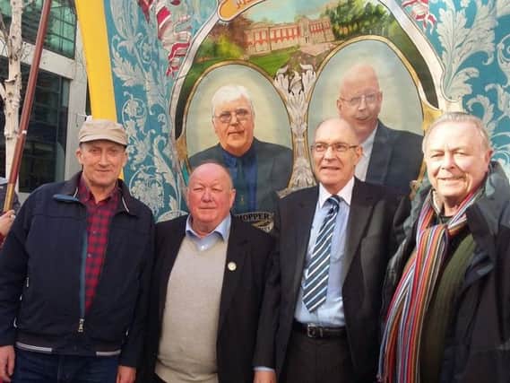 Durham Miners' Association members Barry Chambers, Lawrence Claughan, Alan Cummings, George Robson at the Oregreave demonstration in London.