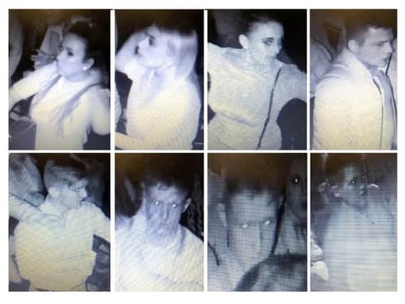 Police issued CCTV images of these eight people who they want to speak to about a bottle-throwing incident.