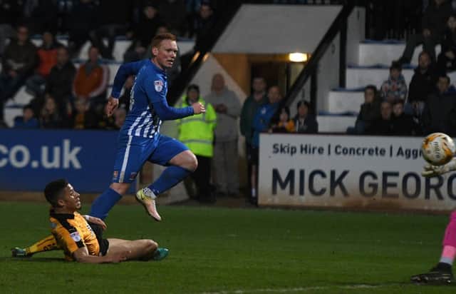 Hartlepool's Michael Woods hits the winner at Cambridge United on Tuesday. Picture by Andrew Roe/AHPIX LTD