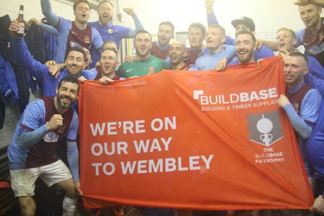 Julio Arca (left) enjoys the celebrations after South Shields clinched their trip to Wembley for the Buildbase FA Vase final