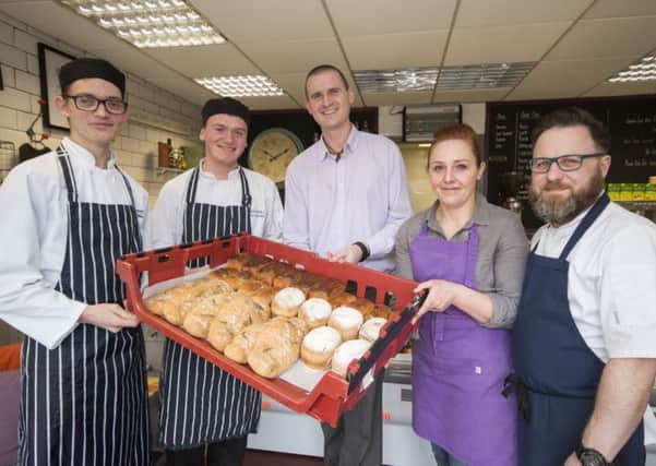 (left to right) Sunderland College students Connor Mills, Keaton Carney with curriculum leader Rob Stewart and Urban Terrace Kitchen Delicatessen owners, Zoe and Michael Jameson.