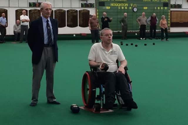 Fund-raiser George Duffell with Andy Semple of Para-Handy Bowling Wheelchairs at Houghton Sports Centre.