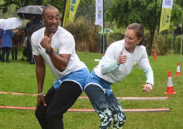 Olympian Colin Jackson and Sunderland runner Alyson Dixon in their Y Fronts at rthe start of the Go-Dad race at Silksworth Sports Complex before last year's event.