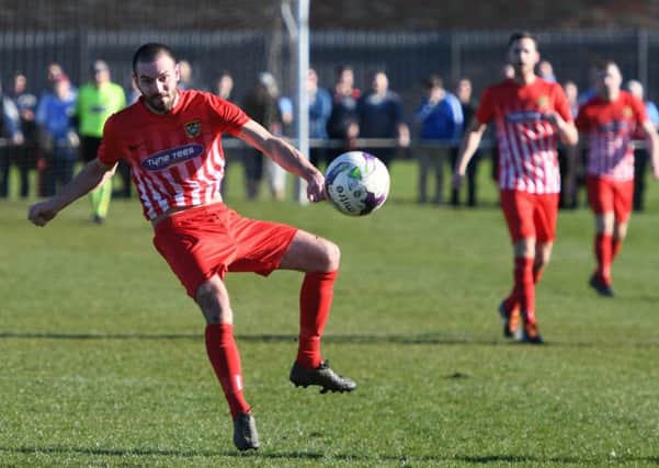 Ryhope CW striker Josh Home-Jackson blasts home his stunning leveller in Saturday's clash with South Shields. Picture by Kevin Brady