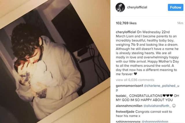 Cheryl's post, with a picture of Liam Payne holding their baby.