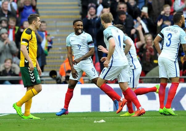 Jermain Defoe celebrates firing England ahead against Lithuania. Picture by Frank Reid