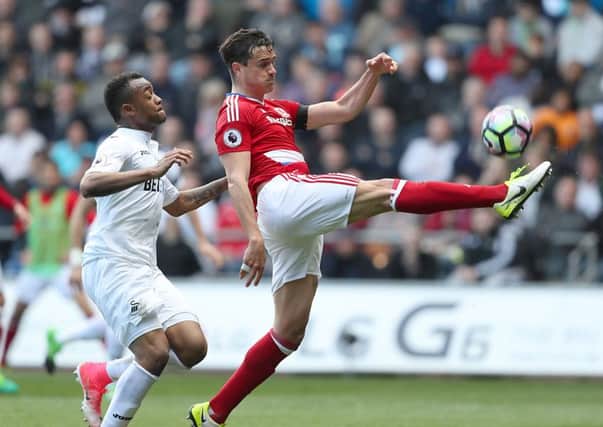 Boro's Bernardo Espinosa in action against Swansea's Jordan Ayew at the weekend.