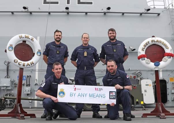 (L-R) Chris Orkney, Jamie Marples, HMS Ocean Captain Robert Pedre, Kieran WoodWard and Steve Groves.
