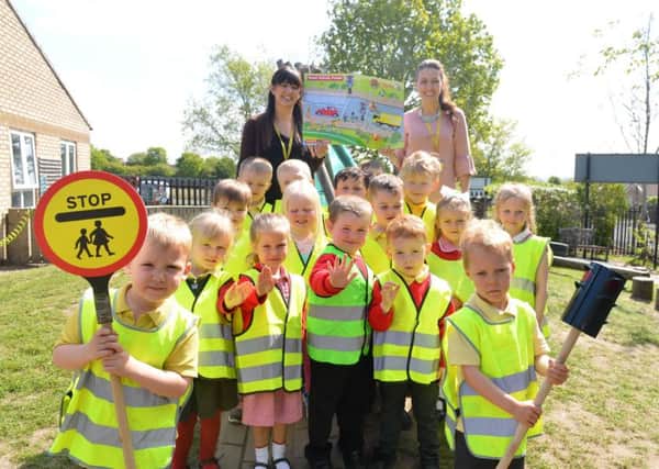 Oxclose Community Nursery School road safety event from charity Brake. Teachers from left Lorraine Brown and Julie Douglas