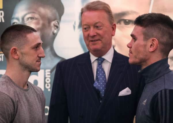 Jazza Dickens (left) meets up with Tommy Ward (right) as promoter Frank Warren looks on
