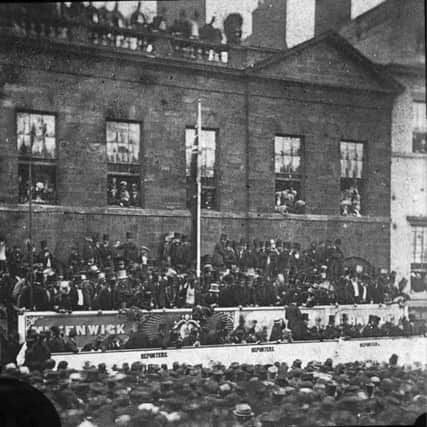 The scene in 1865 outside the Exchange Building.