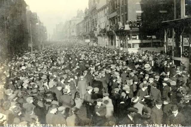 Packed crowds in Fawcett Street for the 1910 Election.