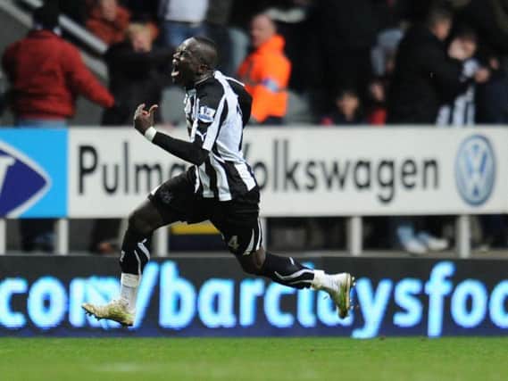 Cheick Tiote celebrates his wonder goal against Arsenal in February 2011.