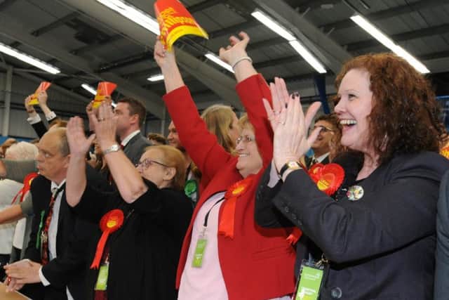 Labour activists celebrate at Sunderland Tennis Centre as the party's trio of MPs retained their seats.