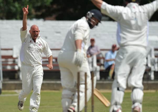 Eppleton bowler David Wilkinson celebrates taking a wicket in Saturday's win over South Shields. Picture by Tim Richardson.
