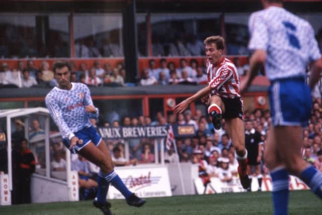 Gary Owers lets fly with a shot in Sunderland's win over Manchester United in 1990.