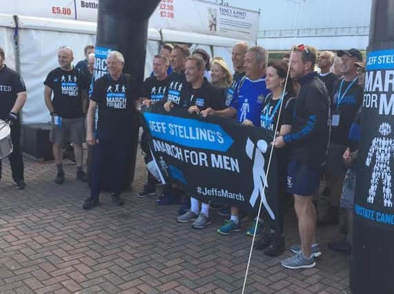 Jeff Stelling starts the final leg of the March for Men walk at Durham County Cricket Club.