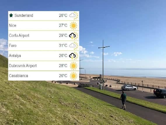 A BBC comparison of today's temperatures superimposed against Echo reader Vicky Bennett's picture of Roker seafront.
