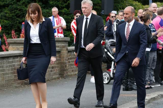 David Moyes (centre) outside St Joseph's Church in Blackhall, County Durham, where the funeral of Bradley Lowery, the six-year-old football mascot whose cancer battle captured hearts around the world, took place. Picture by: Owen Humphreys/PA Wire