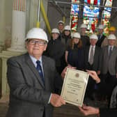 Durham Benevolence Ltd Robin Middleton donates funds to Holy Trinity Church restoration project co-ordinator Amanda Gerry