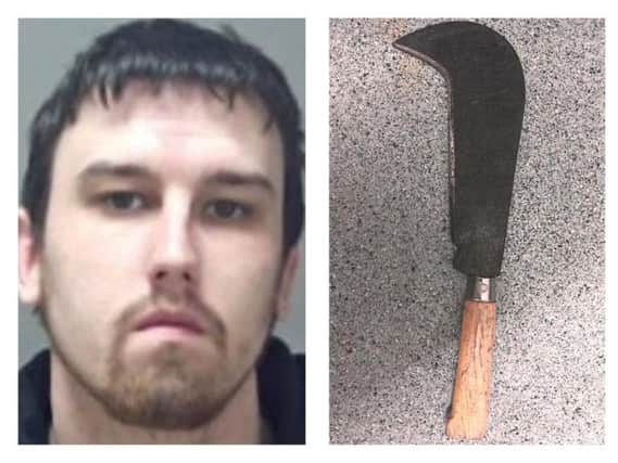 Aleksander Maksym, and the machete he was wielding on a train. Pics: British Transport Police.