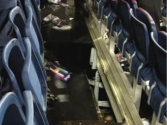 A section of the floor fell away during the match at the England v West Indies game at the Emirates Riverside Ground in Chester-le-Street. Photo by Sharon Fleet.