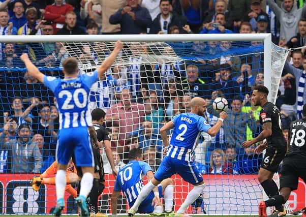 Tomer Hemed (10) watches his winner hit the back of the Newcastle net to give Brighton all three points