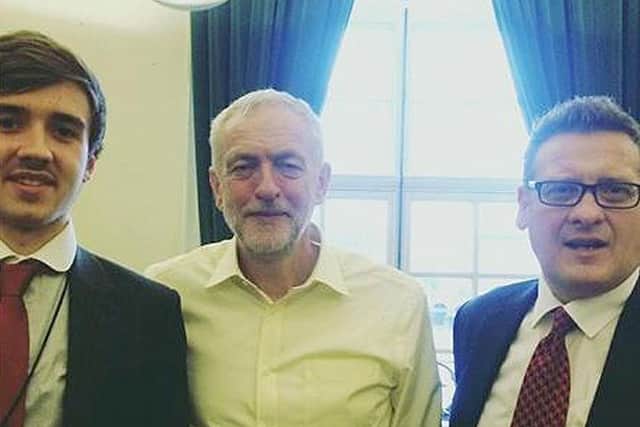 (Left-right) Alexander Kirk, Jeremy Corbyn and Karl Turner as Alexander launched a Jeremy Corbyn Toby Jug to help him fund his university tuition fees and make donations to the Jo Cox Foundation.