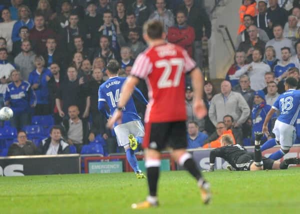 Grant Ward hits home Ipswich's fifth goal against Sunderland tonight. Picture by Frank Reid