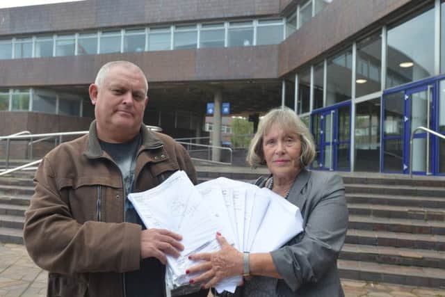 Penshaw residents Elaine Davidson and David Holyoak with petition to protect greenbelt land housing plans at Sunderland Civic Centre