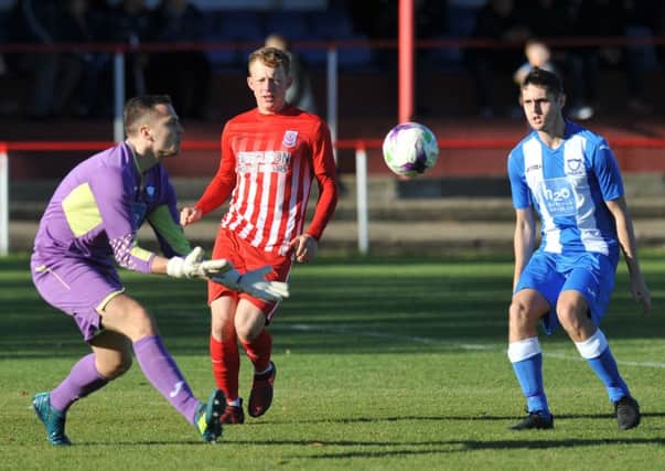 Whitley Bay keeper Tom Flynn gathers against Seaham Red Star on Saturday. Picture by Tim Richardson