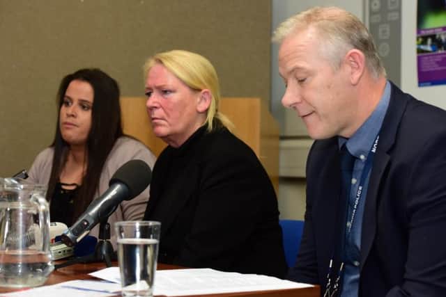 DI Paul Waugh with Nikki Allan's mum Sharon Henderson and  younger sister Niomi Waldron at a press conference marking the 25th anniversary of Nikki's murder