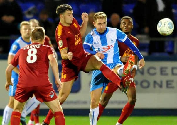Nicky Deverdics gets stuck in for Hartlepool United in last night's 1-1 draw against Tranmere.  Picture by Frank Reid